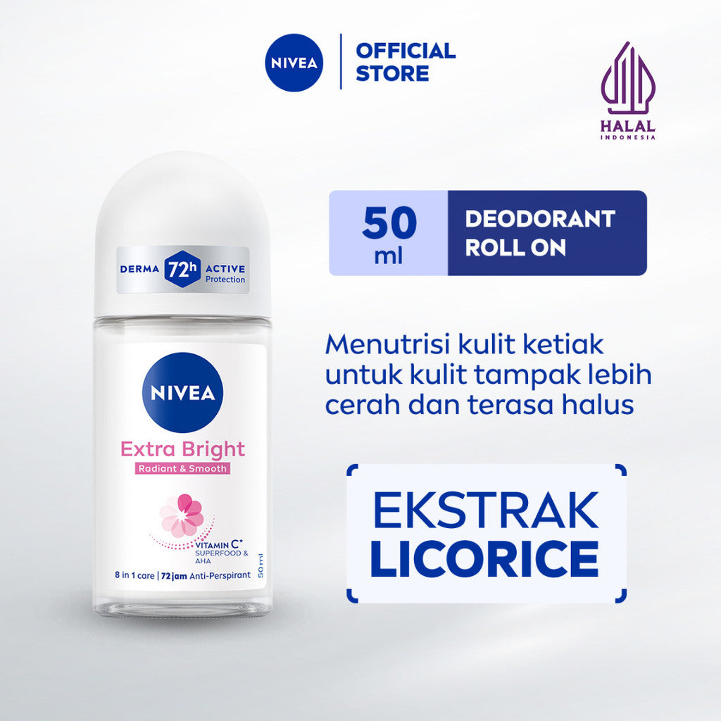 NIVEA Deodorant Roll On Extra Bright Radiant & Smooth 50ml - Deodoran wanita mencerahkan ketiak brightening glowing wangi segar tahan lama seharian anti bau badan keringat - Vitamin C, Ekstrak Licorice, 0% alkohol cocok semua jenis kulit