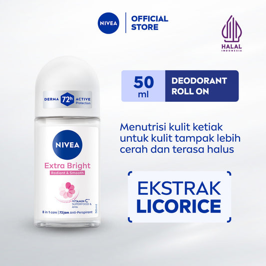NIVEA Deodorant Roll On Extra Bright Radiant & Smooth 50ml - Deodoran wanita mencerahkan ketiak brightening glowing wangi segar tahan lama seharian anti bau badan keringat - Vitamin C, Ekstrak Licorice, 0% alkohol cocok semua jenis kulit