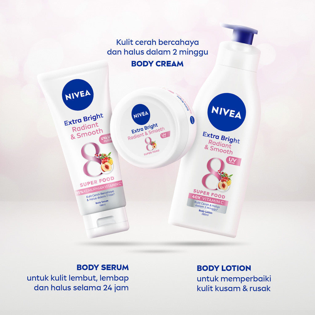 NIVEA Body Cream Extra Bright Radiant & Smooth UV Filter 100ml - Hand body krim lotion moisturizer mencerahkan kulit kusam halus lembut badan glowing brightening tone up serum melembabkan kulit kering - 40x Vitamin C, UVA UVB Filter, 8 Super food