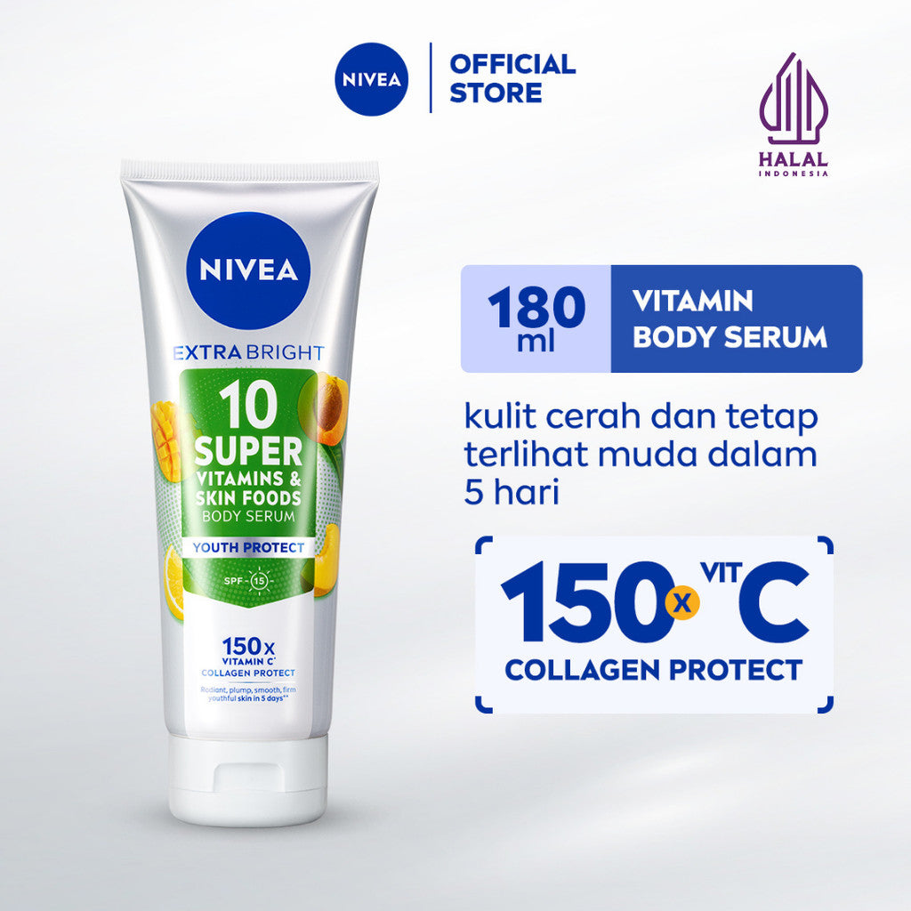 NIVEA Body Serum Extra Bright 10 Super Vitamins Youth Protect SPF15 180ml - Hand body serum lotion moisturizer mencerahkan kulit mengencangkan kulit kendur kencang melembabkan kering anti aging penuaan dini - 150x Vitamin C, Collagen, antioksidan