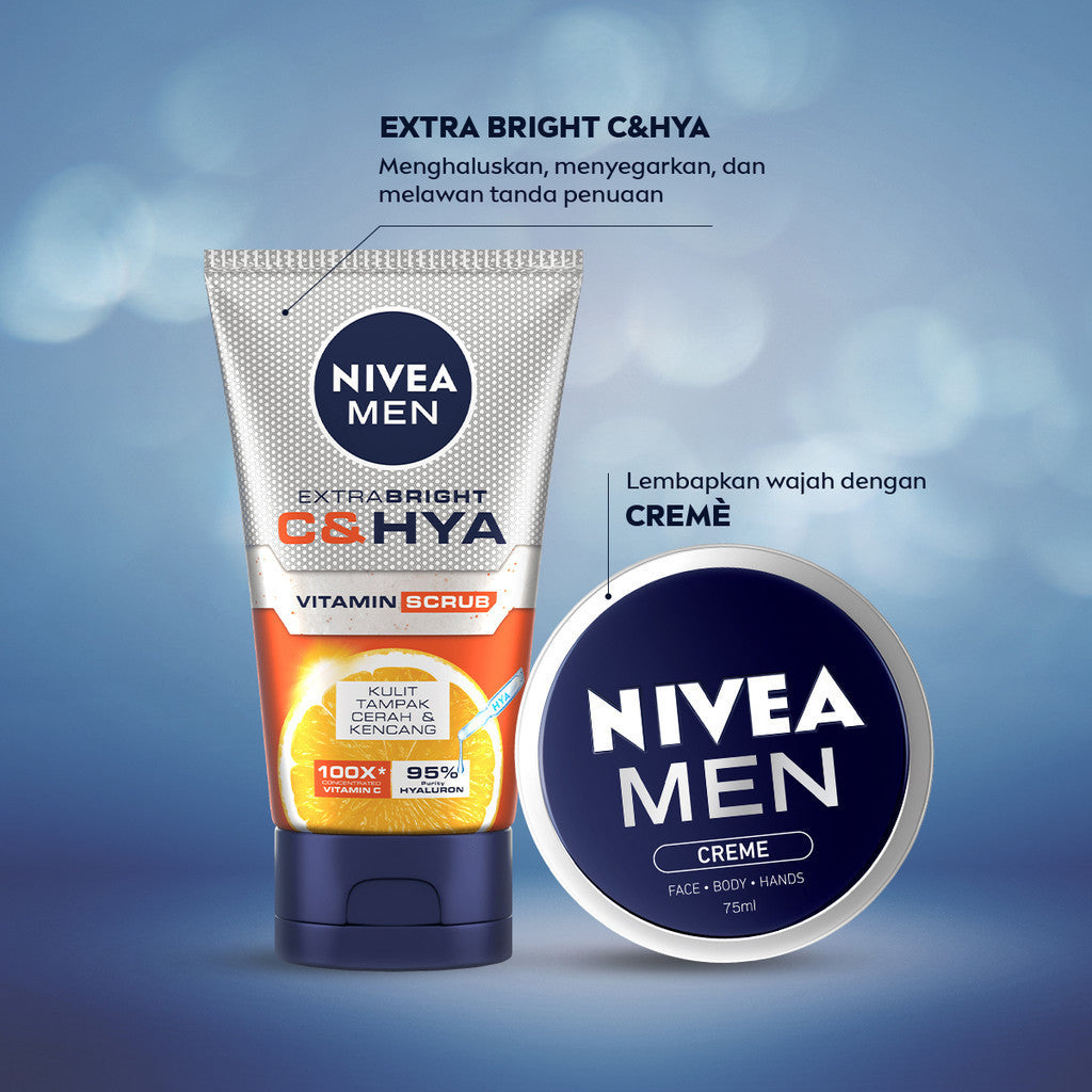 (PAKET HEMAT ISI 3) NIVEA MEN Vitamin Scrub Extra Bright C&HYA 100ml - Sabun cuci muka pria scrub mencerahkan angkat sel kulit mati brightening kulit kusam pembersih wajah cerah membersihkan pori pori polusi debu kotoran - Vitamin C, Hyaluronic acid