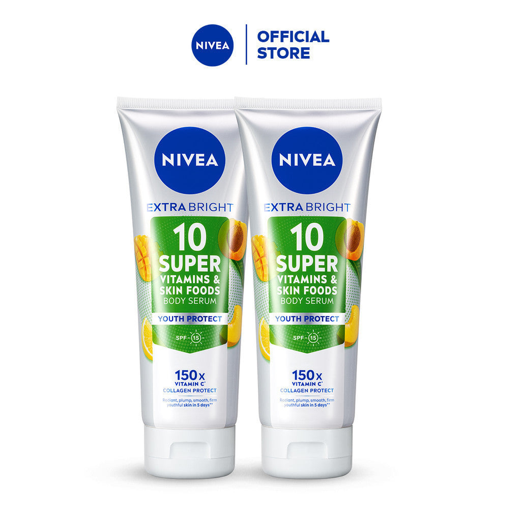 (PAKET HEMAT ISI 2) NIVEA Body Serum Extra Bright 10 Super Vitamins Youth Protect SPF15 320ml - Hand body serum lotion moisturizer mencerahkan kulit mengencangkan kulit kendur melembabkan anti aging penuaan dini - 150x Vitamin C, Collagen, antioksidan