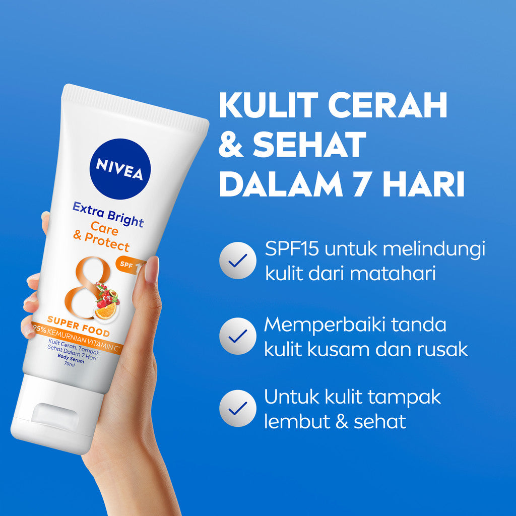 NIVEA Body Serum Extra Bright Care & Protect SPF 15 70ml - Hand body serum lotion moisturizer mencerahkan kulit kusam badan glowing brightening tone up melembabkan kering SPF UV matahari sunscreen - 95% Vitamin C, Grapeseed Oil, 8 Super food