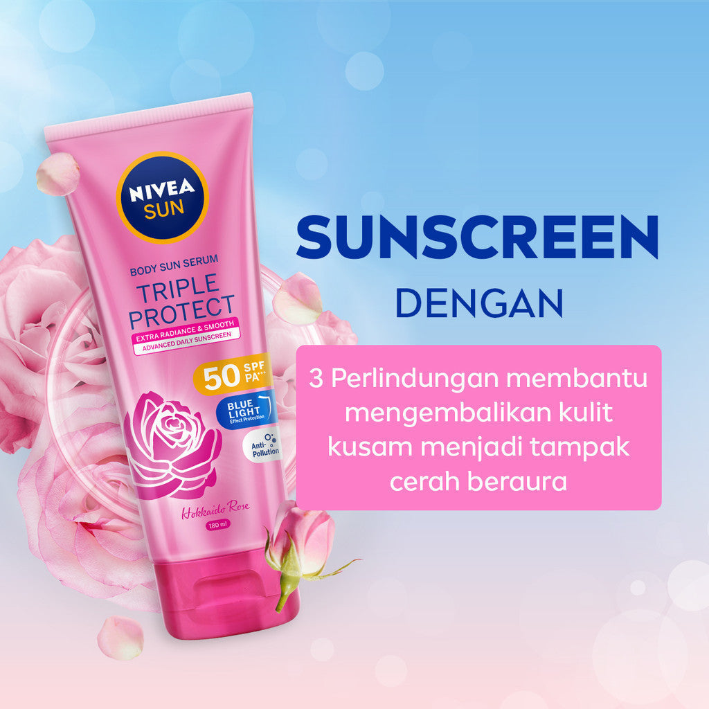 NIVEA SUN Sunscreen Body Serum Triple Protect Extra Radiance & Smooth SPF50 PA+++ 180ml - Sunscreen badan serum sunblock mencerahkan SPF UV harian lightweight tekstur ringan cepat meresap tidak lengket no whitecast blue light polusi - Hokkaido Rose