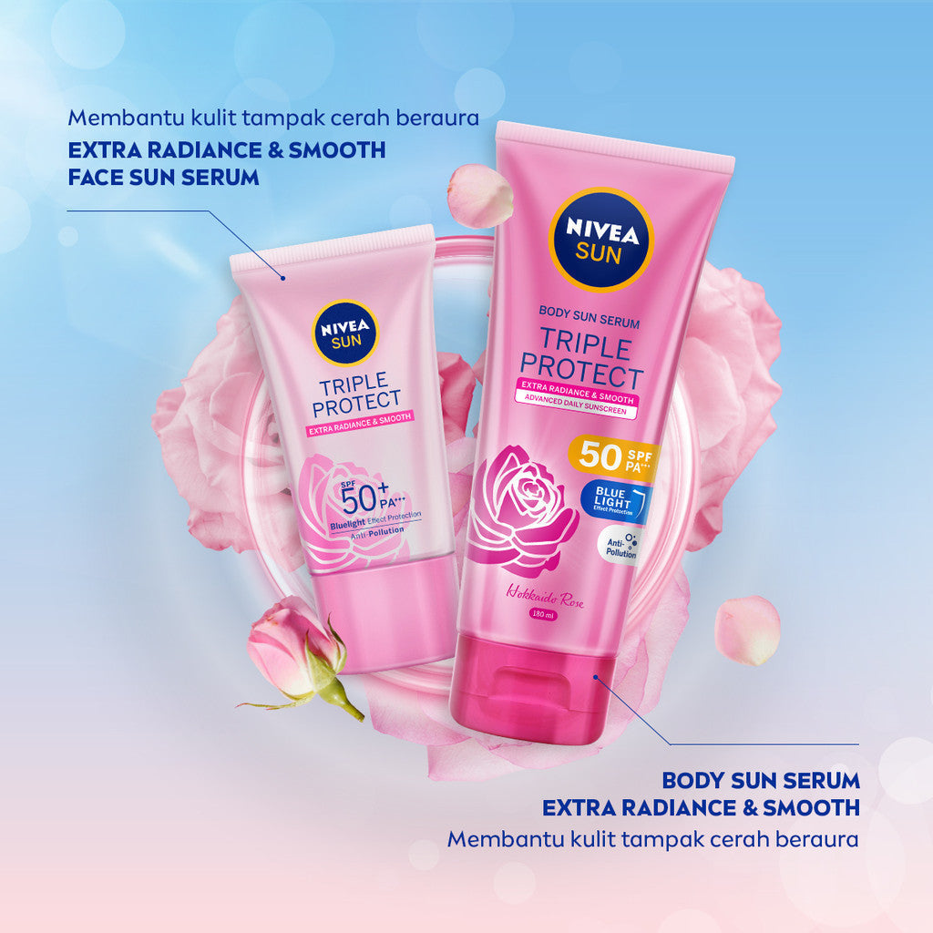 NIVEA SUN Sunscreen Body Serum Triple Protect Extra Radiance & Smooth SPF50 PA+++ 180ml - Sunscreen badan serum sunblock mencerahkan SPF UV harian lightweight tekstur ringan cepat meresap tidak lengket no whitecast blue light polusi - Hokkaido Rose