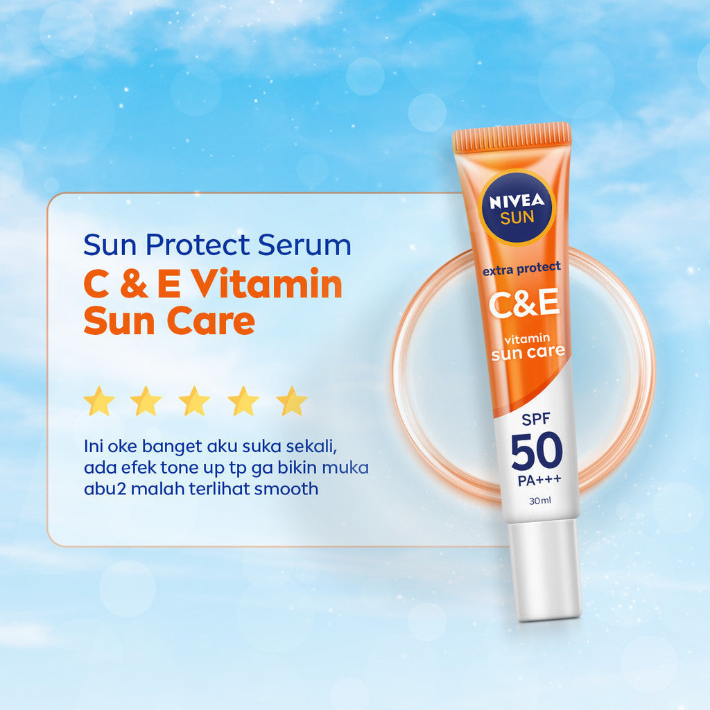NIVEA SUN Sunscreen Face Serum Extra Protect C&E SPF50+ PA+++ 30ml - Sunscreen wajah serum sunblock mencerahkan brightening tone up SPF UV harian lightweight gel tekstur ringan cepat meresap tidak lengket no whitecast - Vitamin C, Vitamin E