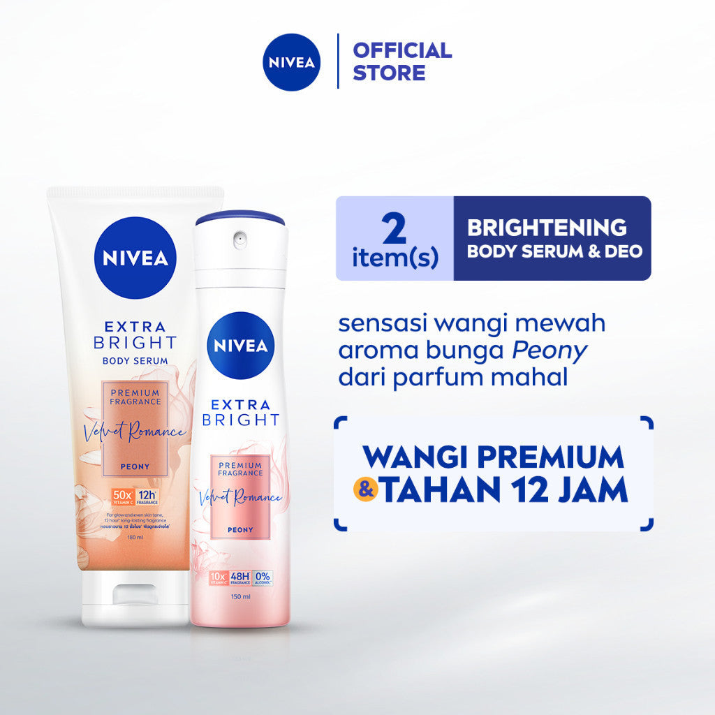 NIVEA Body Serum + Deodorant Spray Extra Bright Premium Fragrance Velvet Romance (Body Serum 180ml + Deodorant Spray 150ml) - Cerah & wangi parfum premium