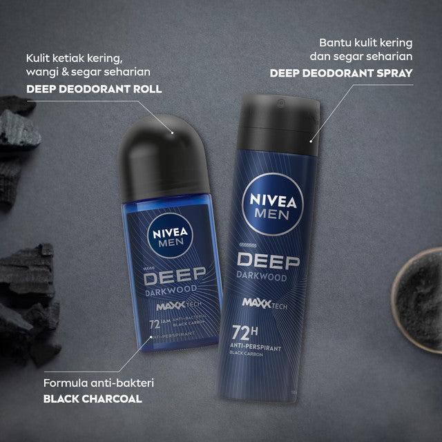 NIVEA MEN Deodorant Roll On Deep Darkwood 25ml - Deodoran pria melawan bakteri keringat bau badan dengan wangi parfum premium maskulin blackwood menjaga ketiak kering tahan lama seharian - Antiperspiran, Black charcoal
