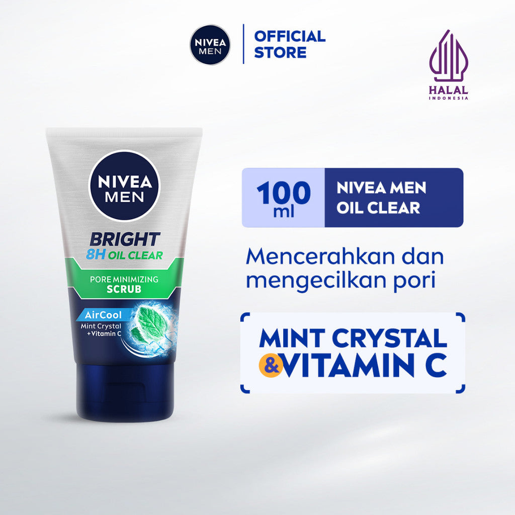NIVEA MEN Face Scrub Bright Oil Clear Pore Minimizing Scrub 100ml - Sabun cuci muka pria scrub mencerahkan minyak berlebih berminyak kulit kusam pembersih wajah cerah mengecilkan pori komedo polusi debu kotoran - Vitamin C, Mint Crystal, Scrub halus