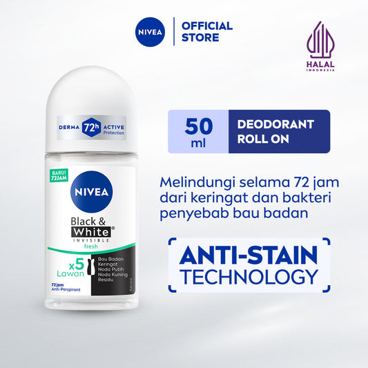 NIVEA Deodorant Roll On Black & White Invisible Fresh 50ml - Deodoran wanita melawan bau badan tahan keringat anti noda residu dengan wangi segar tahan lama seharian - Antiperspiran, tidak mengandung ethyl alkohol cocok semua jenis kulit