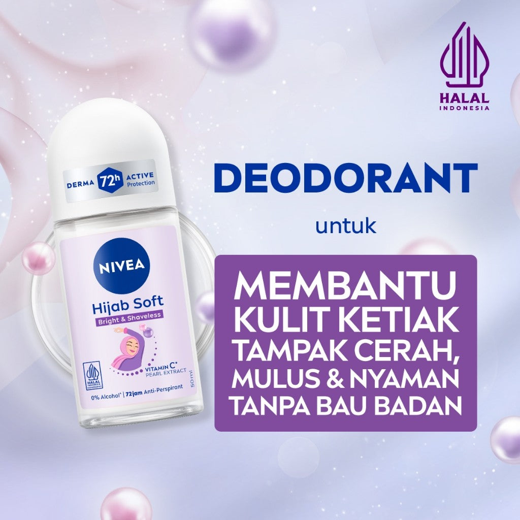 NIVEA Deodorant Roll On Brightening Hijab Soft 50ml - Deodoran wanita hijab halal mencerahkan brightening kullit lembut mengurangi frekuensi cukur bulu ketiak wangi segar tahan lama seharian - Antiperspiran, Vitamin C, Ekstrak Mutiara, 0% alkohol