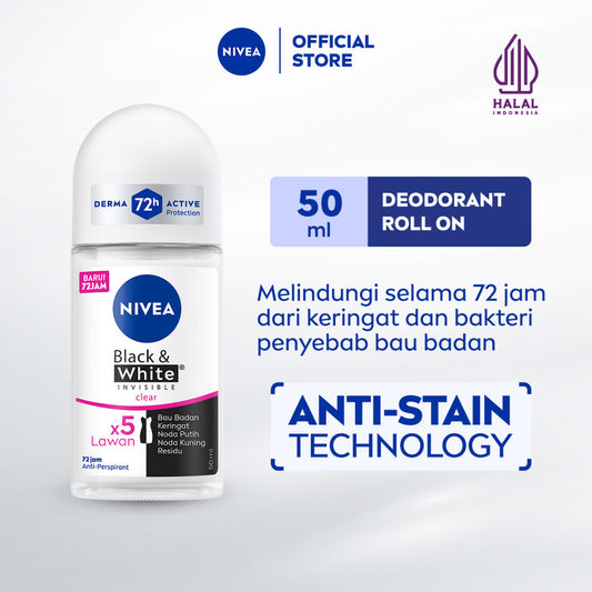 NIVEA Deodorant Roll On Black & White Invisible Original 50ml - Deodoran wanita melawan bau badan tahan keringat anti noda residu dengan wangi segar tahan lama seharian - Antiperspiran, tidak mengandung ethyl alkohol cocok semua jenis kulit