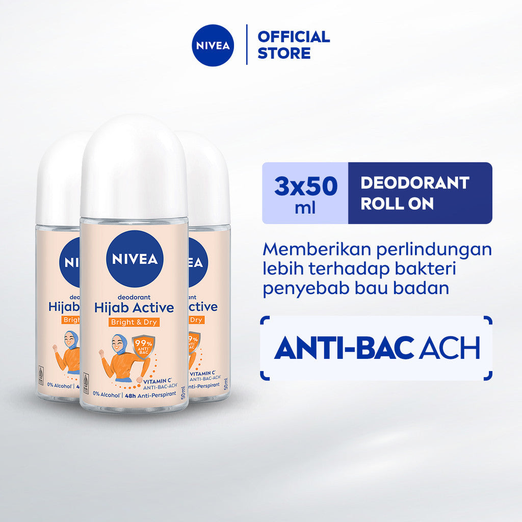 (PAKET HEMAT ISI 3) NIVEA Deodorant Roll On Brightening Anti Bacterial 50ml - Deodoran wanita hijab antiperspirant dan anti bakteri tahan bau keringat badan dengan wangi segar tahan lama seharian - Micro Vitamin C, 0% alkohol cocok untuk semua jenis kulit