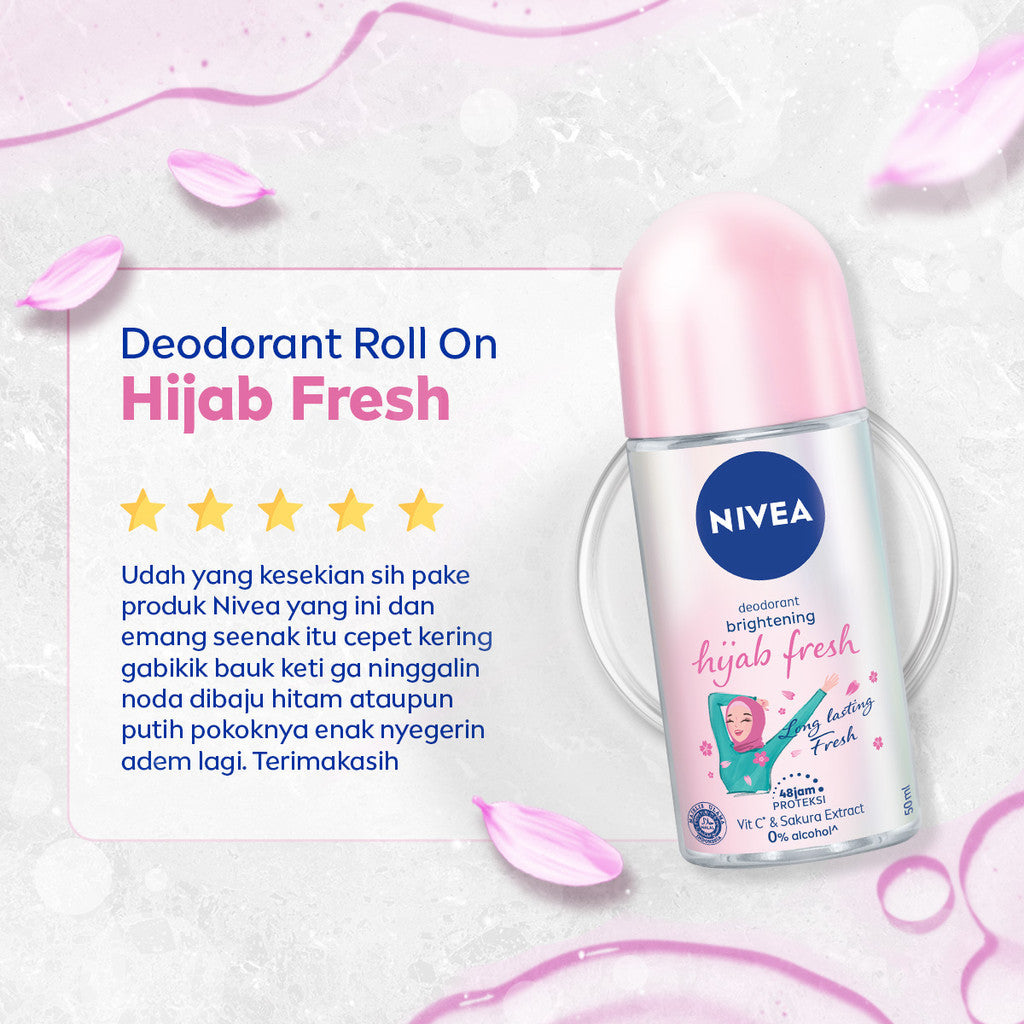 (PAKET HEMAT ISI 2) NIVEA Deodorant Roll On Brightening Hijab Fresh 50ml - Deodoran wanita hijab halal mencerahkan brightening ketiak tahan keringat bau badan wangi segar tahan lama seharian - Antiperspiran, Vitamin C, Ekstrak Sakura, 0% alkohol
