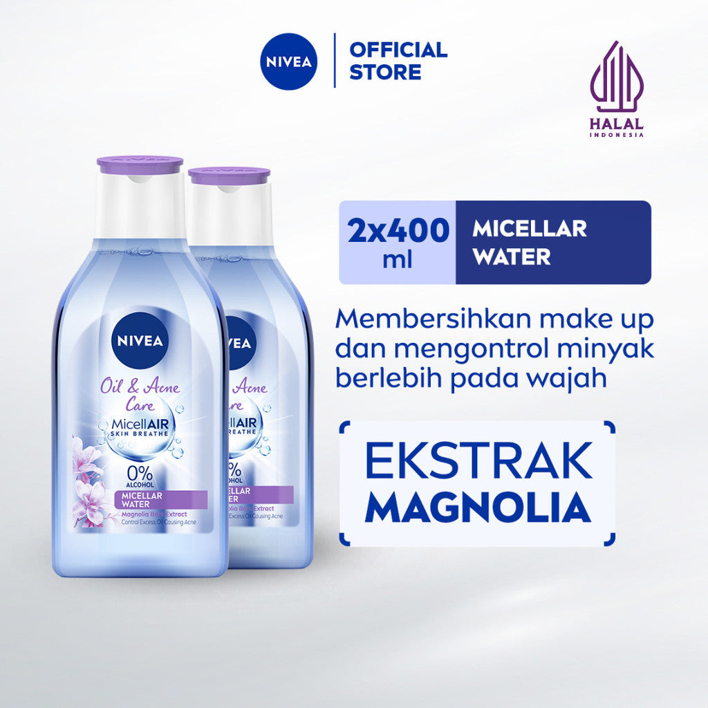 (PAKET HEMAT ISI 2) NIVEA Micellar Water MicellAir Oil & Acne Care 400ml - Pembersih make up aman untuk kulit berminyak jerawat sensitif oily acne prone skin penghapus riasan wajah double cleansing tanpa alkohol - Magnolia Bark Extract, 0% Alcohol