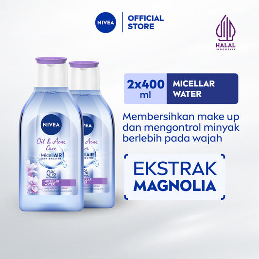 (PAKET HEMAT ISI 2) NIVEA Micellar Water MicellAir Oil & Acne Care 400ml - Pembersih make up aman untuk kulit berminyak jerawat sensitif oily acne prone skin penghapus riasan wajah double cleansing tanpa alkohol - Magnolia Bark Extract, 0% Alcohol