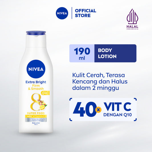 NIVEA Body Lotion Extra Bright Firm & Smooth Q10 190ml - Hand body lotion moisturizer mencerahkan kulit halus lembut badan mengencangkan kulit kendur kencang melembabkan kering anti aging penuaan dini - 40x Vitamin C, UVA UVB Filter, 8 Super food