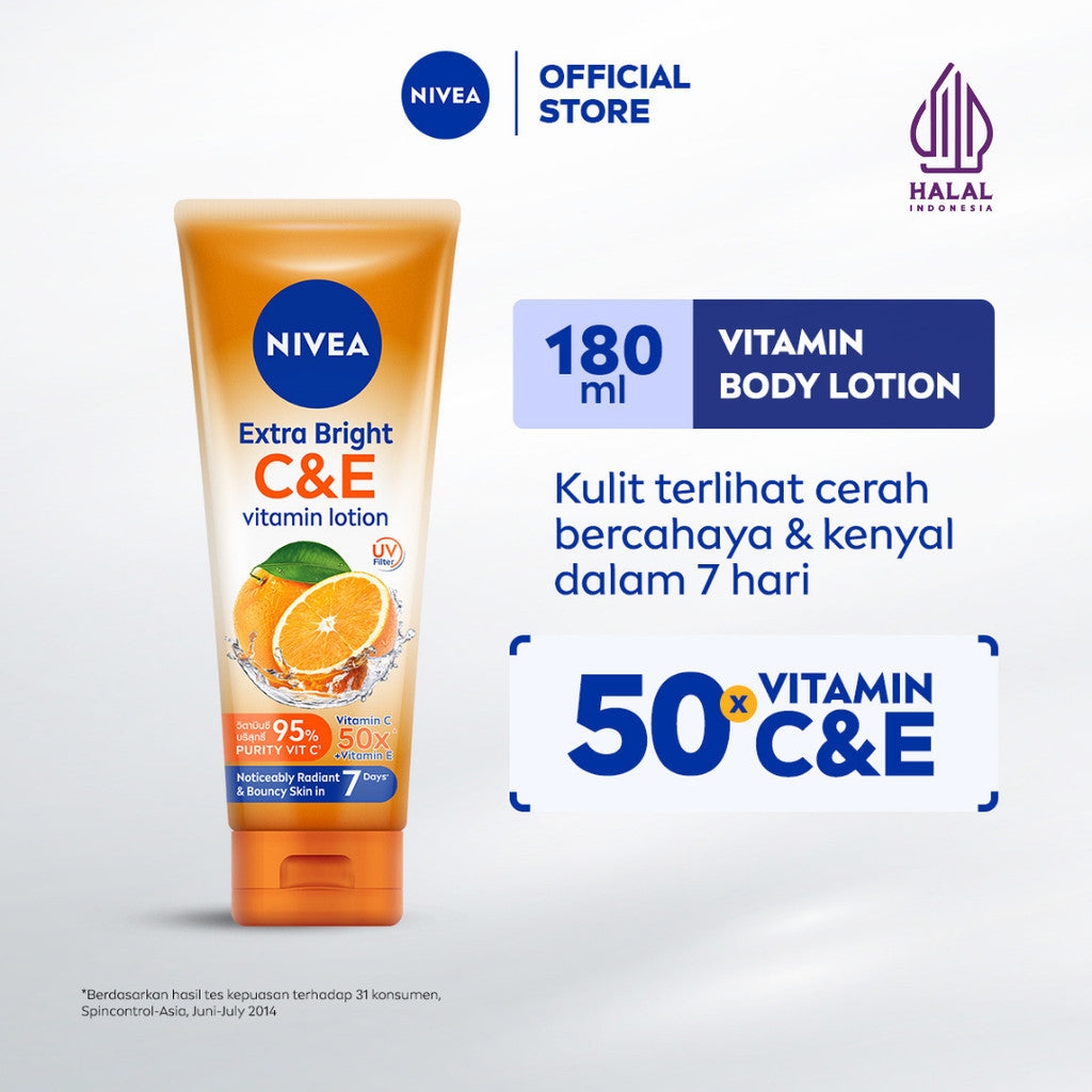 NIVEA Body Lotion Extra Bright C&E Vitamin Lotion UV Filter 180ml - Hand body serum lotion moisturizer mencerahkan kulit kusam badan glowing brightening tone up melembabkan kering - 50x Vitamin C & E, UVA UVB Filter