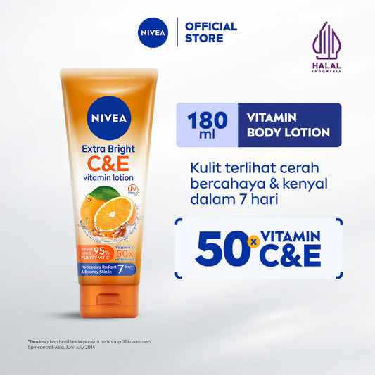 NIVEA Body Lotion Extra Bright C&E Vitamin Lotion UV Filter 180ml - Hand body serum lotion moisturizer mencerahkan kulit kusam badan glowing brightening tone up melembabkan kering - 50x Vitamin C & E, UVA UVB Filter