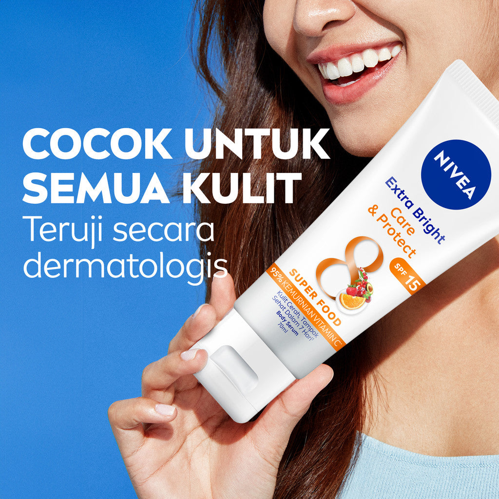 NIVEA Body Serum Extra Bright Care & Protect SPF 15 70ml - Hand body serum lotion moisturizer mencerahkan kulit kusam badan glowing brightening tone up melembabkan kering SPF UV matahari sunscreen - 95% Vitamin C, Grapeseed Oil, 8 Super food