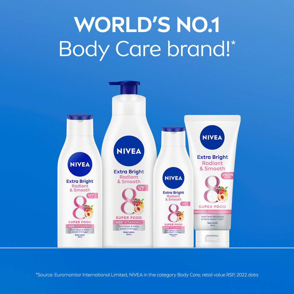 NIVEA Body Serum Extra Bright Radiant & Smooth UV Filter 180ml - Hand body serum lotion moisturizer mencerahkan kulit kusam halus lembut badan glowing brightening tone up serum melembabkan kulit kering - 95% Vitamin C, UVA UVB Filter, 8 Super food