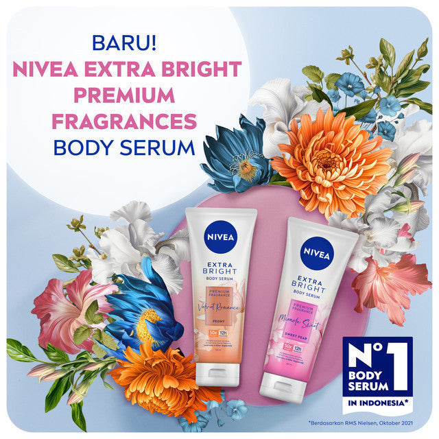 (PAKET HEMAT ISI 2) NIVEA Body Serum Extra Bright Premium Fragrance Velvet Romance 180ml - Hand body serum lotion moisturizer wangi parfum mahal kalem tahan lama mencerahkan kulit kusam badan glowing brightening tone up melembabkan kering - 50x Vitamin C