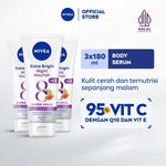 (PAKET HEMAT ISI 3) NIVEA Body Serum Extra Bright Night Nourish Vit E 180ml - Hand body serum moisturizer mencerahkan kulit kusam cerah badan glowing brightening dan melembabkan kering pagi malam day & night - 95% Vitamin C, Grapeseed oil, 8 Super food