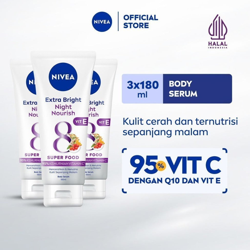 (PAKET HEMAT ISI 3) NIVEA Body Serum Extra Bright Night Nourish Vit E 180ml - Hand body serum moisturizer mencerahkan kulit kusam cerah badan glowing brightening dan melembabkan kering pagi malam day & night - 95% Vitamin C, Grapeseed oil, 8 Super food