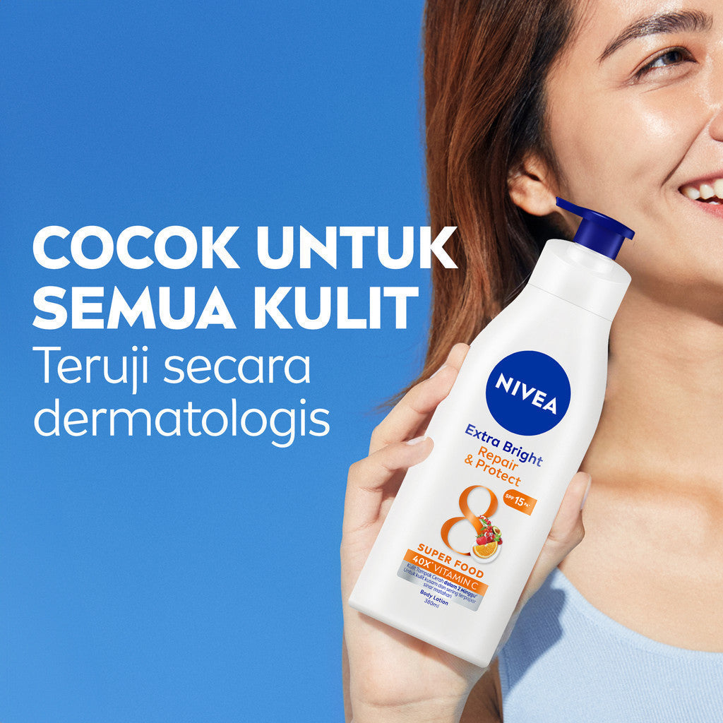 (PAKET HEMAT ISI 3) NIVEA Body Lotion Extra Bright Repair & Protect SPF15 380ml - Hand body lotion moisturizer mencerahkan kulit kusam rusak badan glowing brightening tone up melembabkan kering SPF UV sunscreen - 40x Vitamin C, Grapeseed oil, 8 Super food