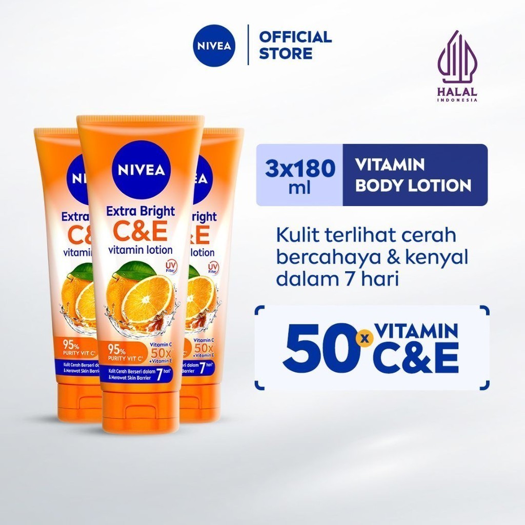 (PAKET HEMAT ISI 3) NIVEA Body Lotion Extra Bright C&E Vitamin Lotion UV Filter 180ml - Hand body serum lotion moisturizer mencerahkan kulit kusam badan glowing brightening tone up melembabkan - 50x Vitamin C & E, UVA UVB Filter