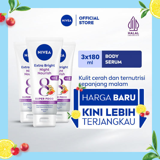 (PAKET HEMAT ISI 3) NIVEA Body Serum Extra Bright Night Nourish Vit E 180ml - Hand body serum moisturizer mencerahkan kulit kusam cerah badan glowing brightening dan melembabkan kering pagi malam day & night - 95% Vitamin C, Grapeseed oil, 8 Super food