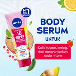 (PAKET HEMAT ISI 3) NIVEA Body Serum Extra Bright 10 Super Vitamins SPF15 180ml - Hand body serum moisturizer menyamarkan noda flek hitam dark spot mencerahkan kulit kusam badan glowing brightening tone up lembap - 10x Vitamin C, Niacinamide, Pomegranate