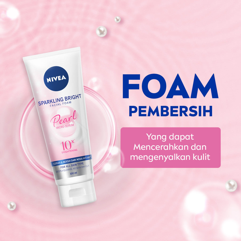 (PAKET HEMAT ISI 3) NIVEA Facial Foam Sparkling Bright 100ml - Sabun cuci muka wanita mencerahkan brightening glowing kulit kenyal bintik hitam brightening kulit kusam cleanser facial wash wajah cerah - Pearl Micro Serum, Rucinol, Licorice, Vitamin C