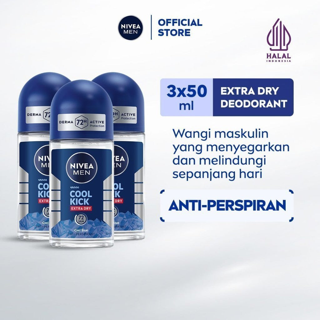 (PAKET HEMAT ISI 3) NIVEA MEN Deodorant Roll On Cool Kick 50ml - Deodoran pria perlindungan ekstra kering dari keringat bau badan dan sensasi dingin dan wangi sporty seharian - Antiperspiran, tidak mengandung ethyl alkohol cocok semua jenis kulit