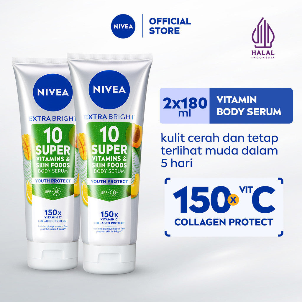 (PAKET HEMAT ISI 2) NIVEA Body Serum Extra Bright 10 Super Vitamins Youth Protect SPF15 180ml - Hand body serum lotion moisturizer mencerahkan kulit mengencangkan kulit kendur melembabkan anti aging penuaan dini - 150x Vitamin C, Collagen, antioksidan