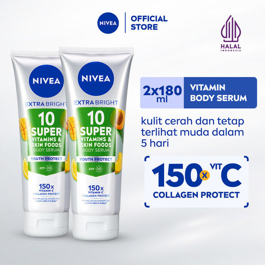 (PAKET HEMAT ISI 2) NIVEA Body Serum Extra Bright 10 Super Vitamins Youth Protect SPF15 180ml - Hand body serum lotion moisturizer mencerahkan kulit mengencangkan kulit kendur melembabkan anti aging penuaan dini - 150x Vitamin C, Collagen, antioksidan