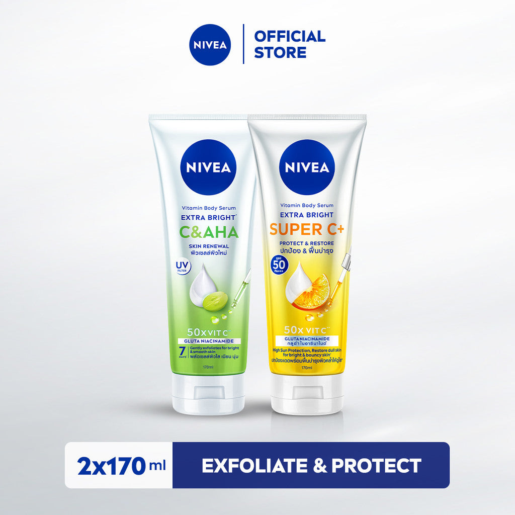 Exfoliate & Protect Bundle - NIVEA Body Serum Extra Bright Super C+ SPF 50+ PA+++ 170ml & C&AHA Skin Renewal 170ml