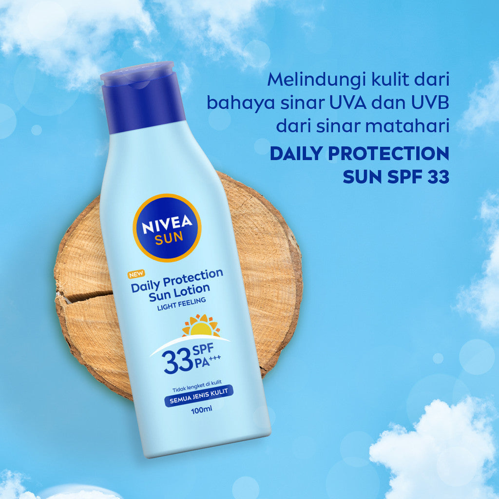 (PAKET HEMAT ISI 3) NIVEA Body Lotion Daily Protection Sun SPF33 100ml - Sunscreen badan lotion sunblock sunblok SPF UV mencerahkan melembabkan 24 jam harian cepat meresap tidak lengket tekstur ringan anti radikal bebas no whitecast - Hydra IQ, Vitamin C