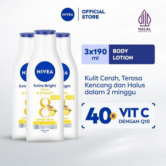 (PAKET HEMAT ISI 3) NIVEA Body Lotion Extra Bright Firm & Smooth Q10 190ml - Hand body lotion moisturizer mencerahkan kulit halus lembut badan mengencangkan kulit kendur melembabkan anti aging penuaan dini - 40x Vitamin C, UVA UVB Filter, 8 Super food
