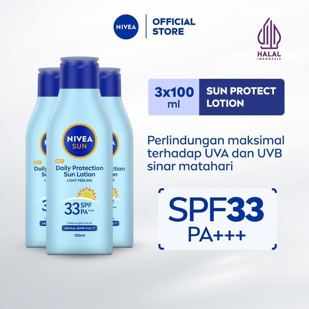 (PAKET HEMAT ISI 3) NIVEA Body Lotion Daily Protection Sun SPF33 100ml - Sunscreen badan lotion sunblock sunblok SPF UV mencerahkan melembabkan 24 jam harian cepat meresap tidak lengket tekstur ringan anti radikal bebas no whitecast - Hydra IQ, Vitamin C
