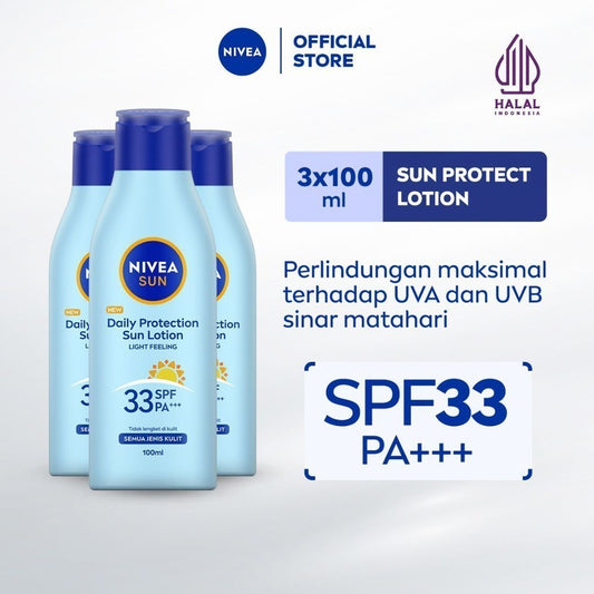(PAKET HEMAT ISI 3) NIVEA Body Lotion Daily Protection Sun SPF33 100ml - Sunscreen badan lotion sunblock sunblok SPF UV mencerahkan melembabkan 24 jam harian cepat meresap tidak lengket tekstur ringan anti radikal bebas no whitecast - Hydra IQ, Vitamin C
