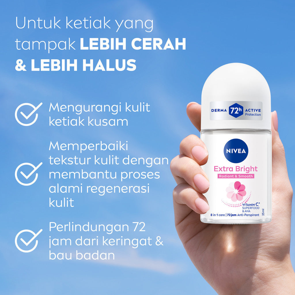 (PAKET HEMAT ISI 4) NIVEA Deodorant Roll On Extra Bright Radiant & Smooth 25ml - Deodoran wanita mencerahkan ketiak brightening glowing wangi segar seharian anti bau badan keringat - Vitamin C, Ekstrak Licorice, 0% alkohol cocok semua jenis kulit