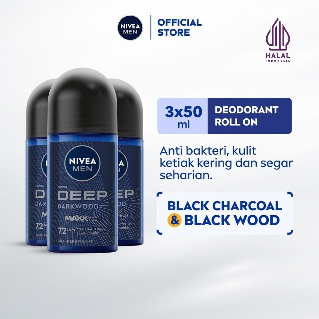 (PAKET HEMAT ISI 3) NIVEA MEN Deodorant Roll On Deep Darkwood 50ml - Deodoran pria melawan bakteri keringat bau badan dengan wangi parfum premium maskulin blackwood menjaga ketiak kering tahan lama seharian - Antiperspiran, Black charcoal