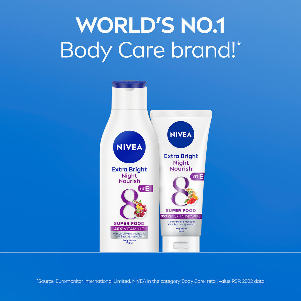 (PAKET HEMAT ISI 3) NIVEA Body Serum Extra Bright Night Nourish Vit E 180ml - Hand body serum moisturizer mencerahkan kulit kusam cerah badan glowing brightening dan melembabkan kering pagi malam day & night - 95% Vitamin C, Grapeseed oil, 8 Super food