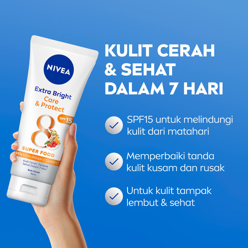 (PAKET HEMAT ISI 3) NIVEA Body Serum Extra Bright Care & Protect SPF 15 180ml - Hand body serum lotion moisturizer mencerahkan kulit kusam badan glowing brightening tone up melembabkan kering SPF UV matahari - 95% Vitamin C, Grapeseed Oil, 8 Super food