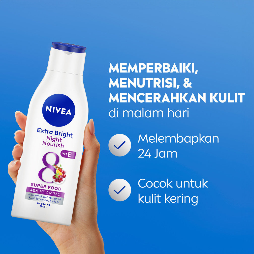 (PAKET HEMAT ISI 3) NIVEA Body Lotion Extra Bright Night Nourish Vit E 190ml - Hand body lotion moisturizer mencerahkan kulit kusam cerah badan glowing brightening tone up melembabkan kering pagi malam day & night - 40x Vitamin C, Vitamin E, 8 Super food