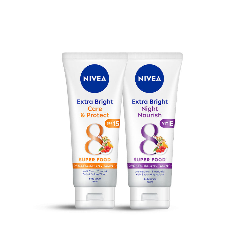 NIVEA Body Serum Extra Bright Day & Night (Care & Protect + Night Nourish) 180ml x2 - Merawat & mencerahkan kulit di pagi & malam