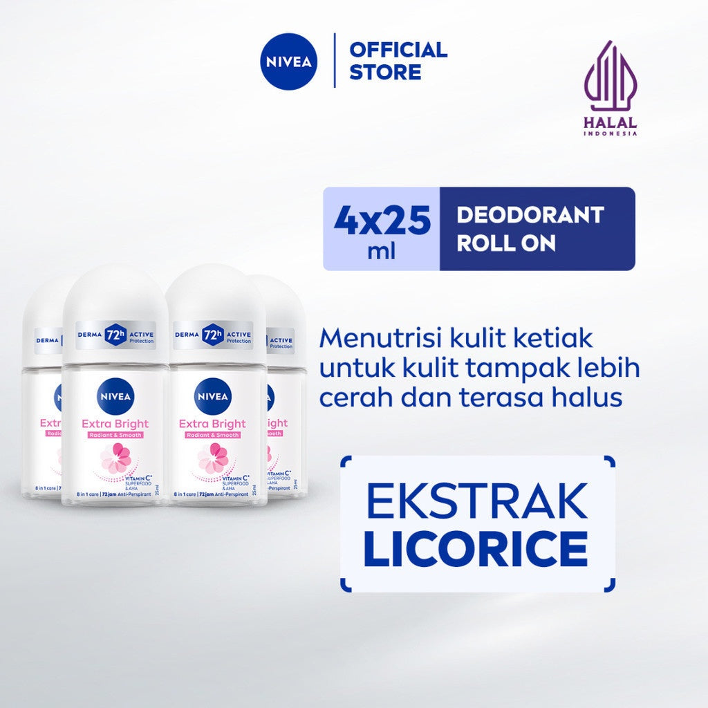 (PAKET HEMAT ISI 4) NIVEA Deodorant Roll On Extra Bright Radiant & Smooth 25ml - Deodoran wanita mencerahkan ketiak brightening glowing wangi segar seharian anti bau badan keringat - Vitamin C, Ekstrak Licorice, 0% alkohol cocok semua jenis kulit