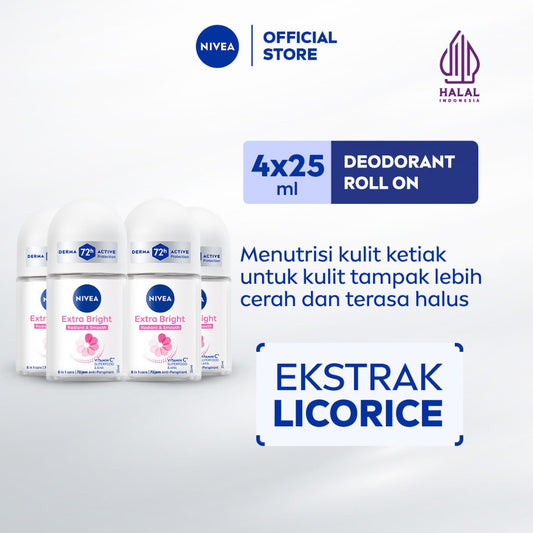 (PAKET HEMAT ISI 4) NIVEA Deodorant Roll On Extra Bright Radiant & Smooth 25ml - Deodoran wanita mencerahkan ketiak brightening glowing wangi segar seharian anti bau badan keringat - Vitamin C, Ekstrak Licorice, 0% alkohol cocok semua jenis kulit