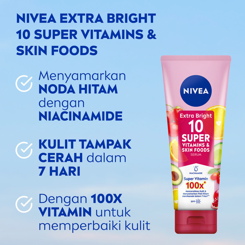 (PAKET HEMAT ISI 3) NIVEA Body Serum Extra Bright 10 Super Vitamins SPF15 180ml - Hand body serum moisturizer menyamarkan noda flek hitam dark spot mencerahkan kulit kusam badan glowing brightening tone up lembap - 10x Vitamin C, Niacinamide, Pomegranate
